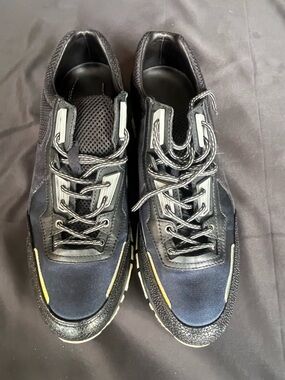 Lanvin Black and Navy Lace-Up Sneakers with Yellow Trim